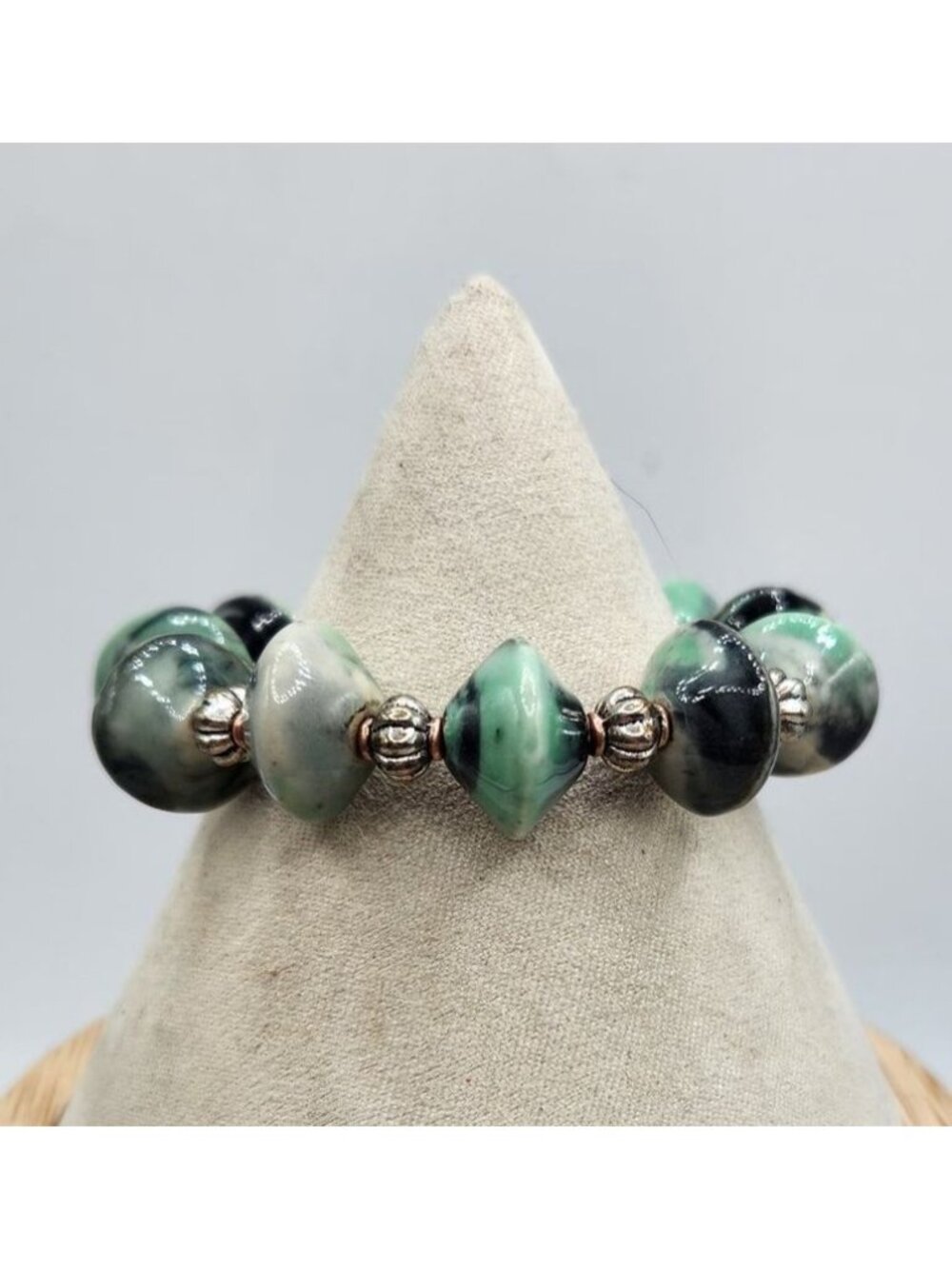 Green Bicone Glass Beads With Silver Accent Balls
